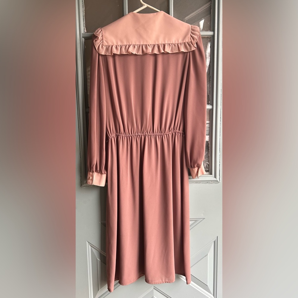 Vintage 70’s Prairie Ruffle Collar Midi Dress Long Sleeve Pearl Button Pleated M - Picture 2 of 10